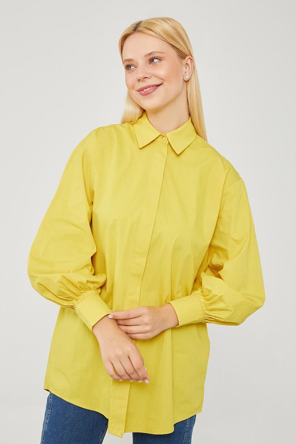 LevidorLevidor Yağ Yeşili Oversize Balon Kol Poplin Gömlek