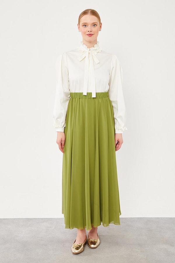 LevidorLevidor Yeşil Beli Lastikli Kloş Etek