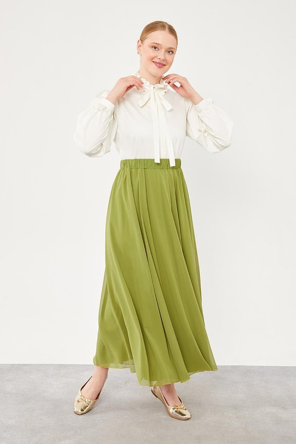 LevidorLevidor Yeşil Beli Lastikli Kloş Etek