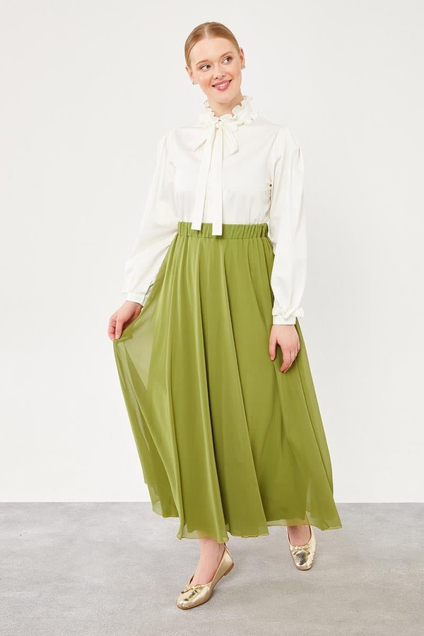 LevidorLevidor Yeşil Beli Lastikli Kloş Etek