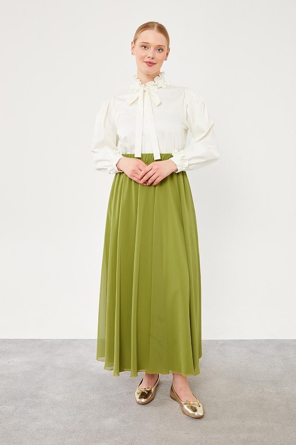 LevidorLevidor Yeşil Beli Lastikli Kloş Etek