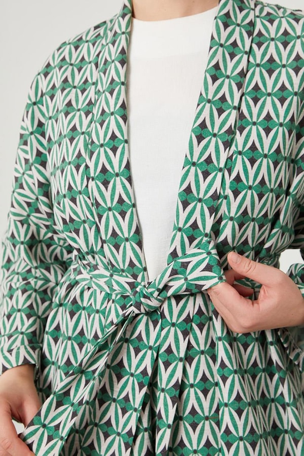 LevidorLevidor Yeşil Desenli Keten Kuşak Bağlamalı Kimono Takım