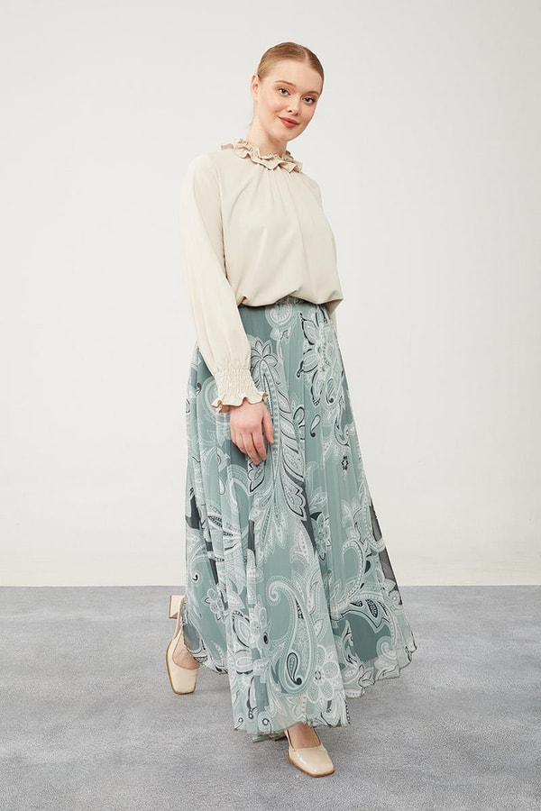 LevidorLevidor Yeşil Pliseli Çiçek Desen Şifon Etek