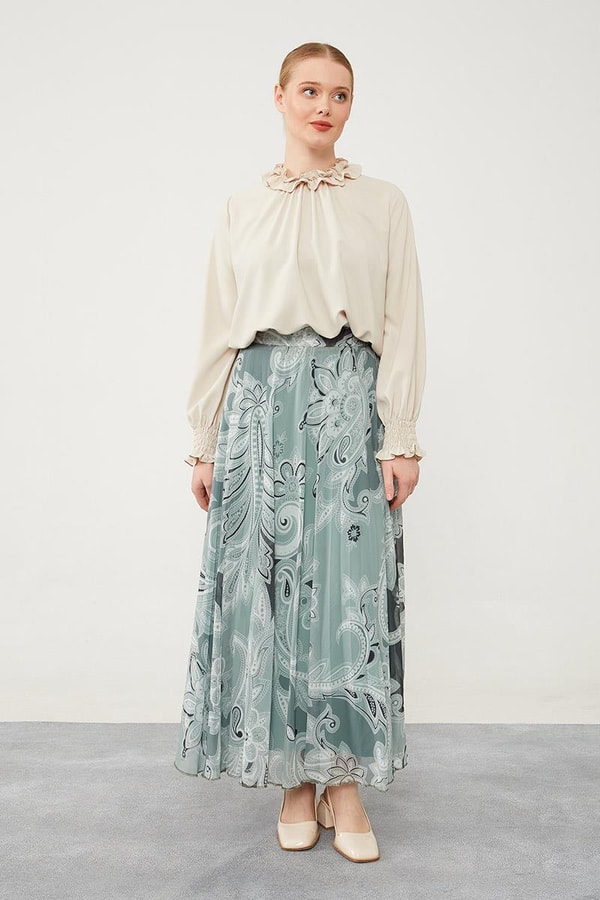 LevidorLevidor Yeşil Pliseli Çiçek Desen Şifon Etek