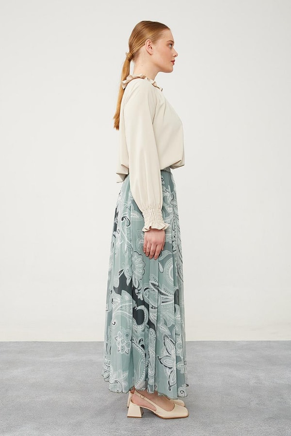 LevidorLevidor Yeşil Pliseli Çiçek Desen Şifon Etek