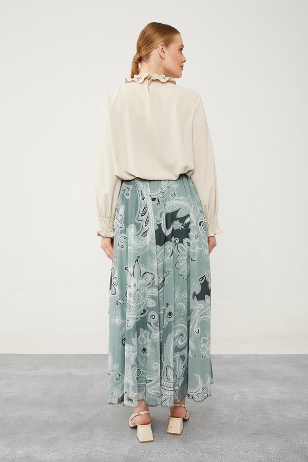 LevidorLevidor Yeşil Pliseli Çiçek Desen Şifon Etek