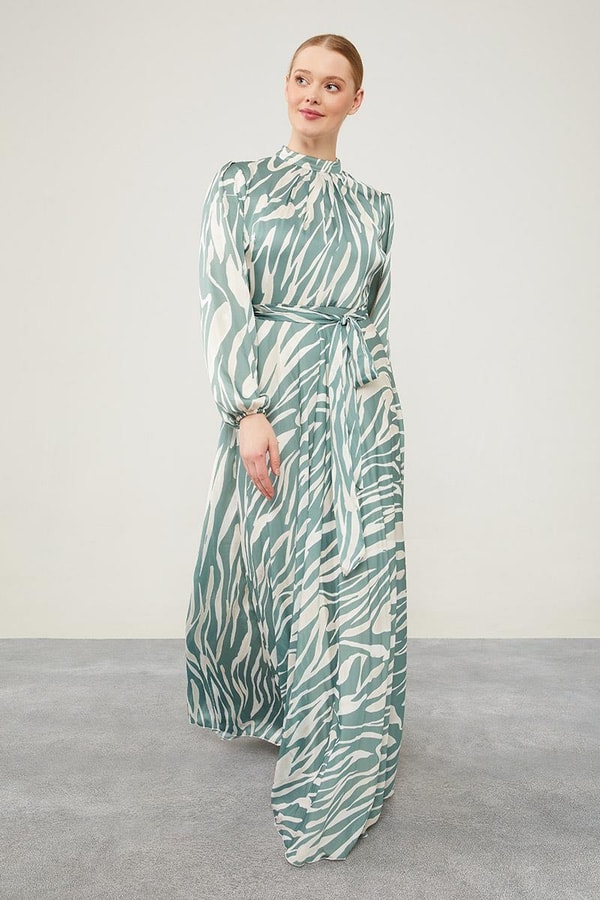 LevidorLevidor Yeşil Zebra Desen Kuşak Bağlamalı Elbise