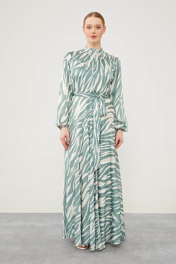 LevidorLevidor Yeşil Zebra Desen Kuşak Bağlamalı Elbise