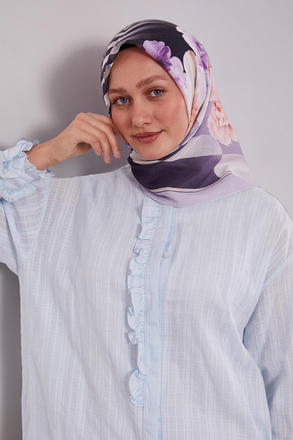 LevidorLila Çizgili Çiçek Desen Pamuk Eşarp