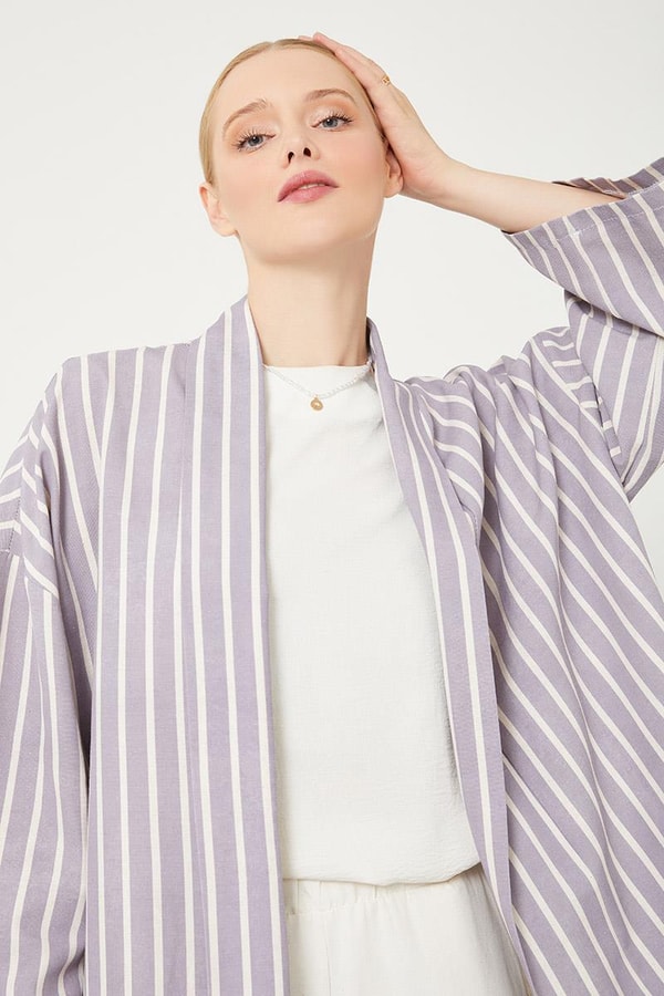 LevidorLila Çizgili Desen Kimono Takım
