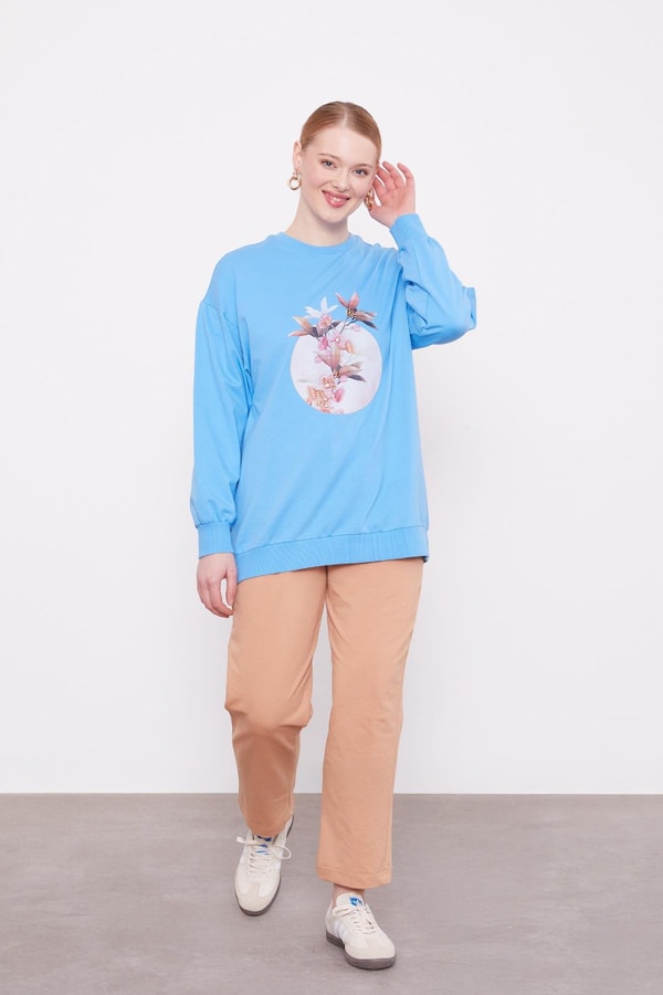 LevidorMavi Çiçek Baskılı Bisiklet Yaka Sweat