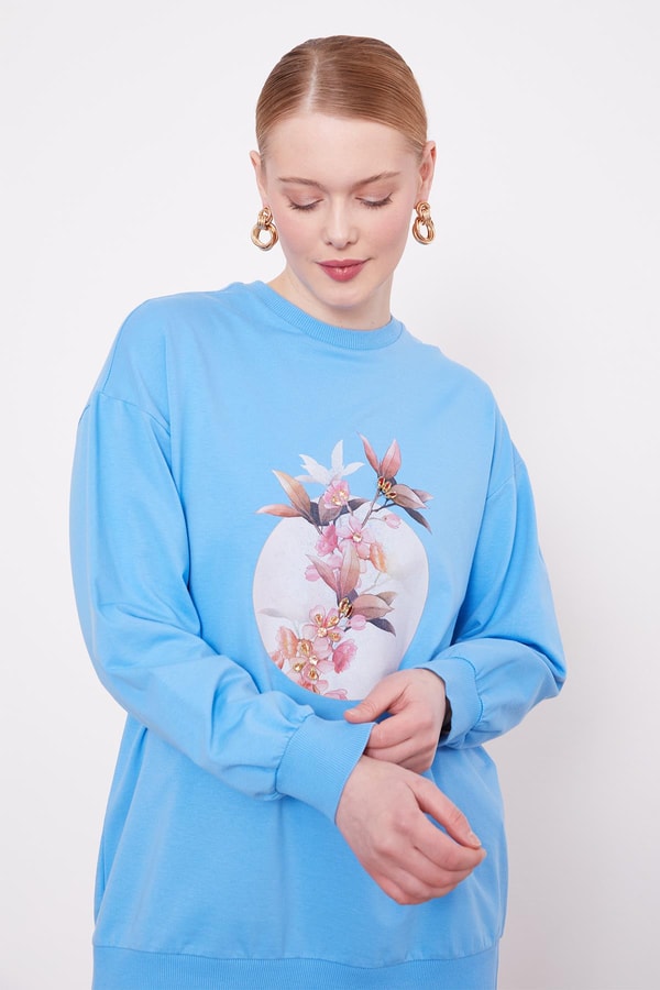 LevidorMavi Çiçek Baskılı Bisiklet Yaka Sweat