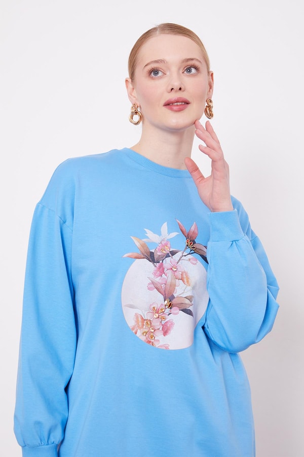 LevidorMavi Çiçek Baskılı Bisiklet Yaka Sweat