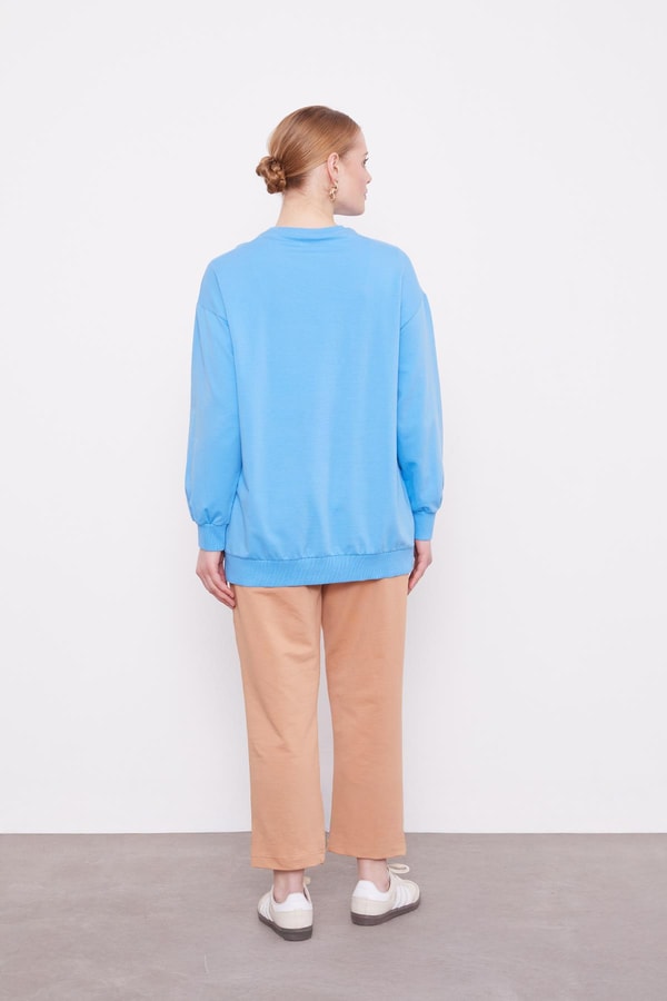 LevidorMavi Çiçek Baskılı Bisiklet Yaka Sweat