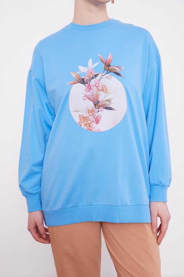 LevidorMavi Çiçek Baskılı Bisiklet Yaka Sweat