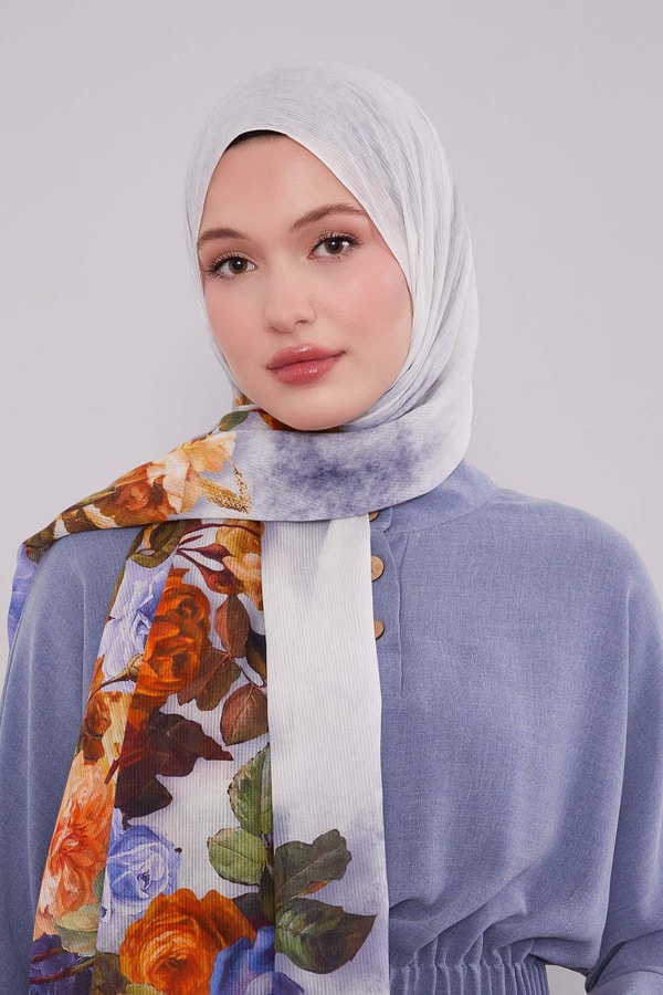 LevidorMavi Çiçek Dalı Desen Pamuk Şal