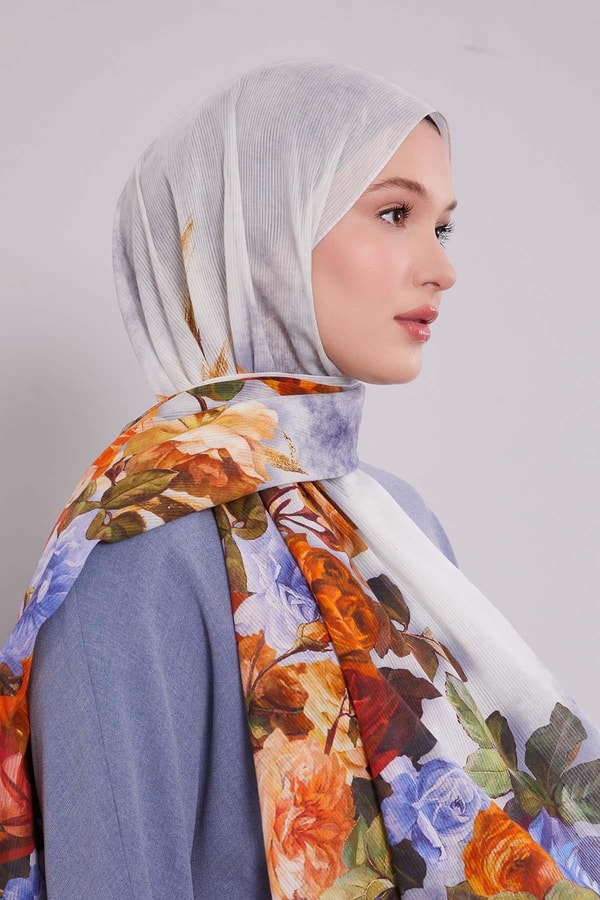 LevidorMavi Çiçek Dalı Desen Pamuk Şal