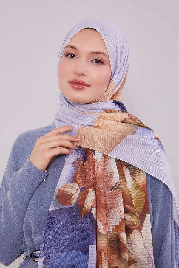LevidorMavi Çiçekli Çizgili  Pamuk Şal