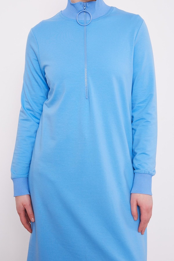 LevidorMavi Dik Yaka Fermuarlı Penye Elbise