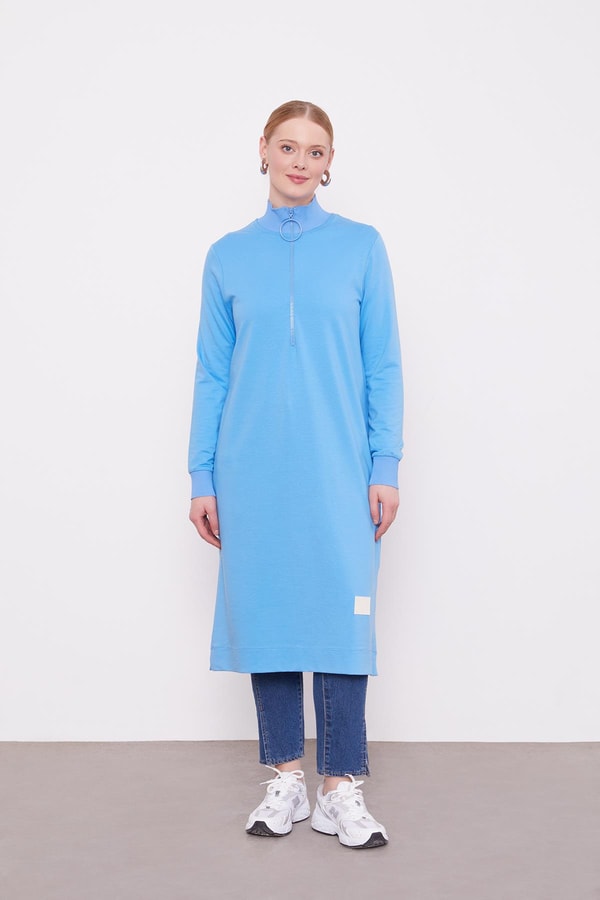 LevidorMavi Dik Yaka Fermuarlı Penye Elbise