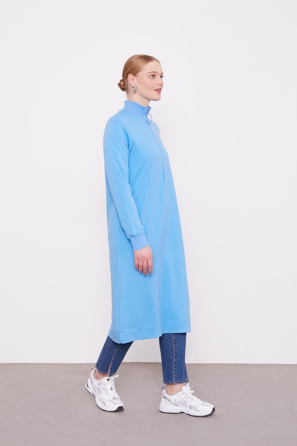 LevidorMavi Dik Yaka Fermuarlı Penye Elbise