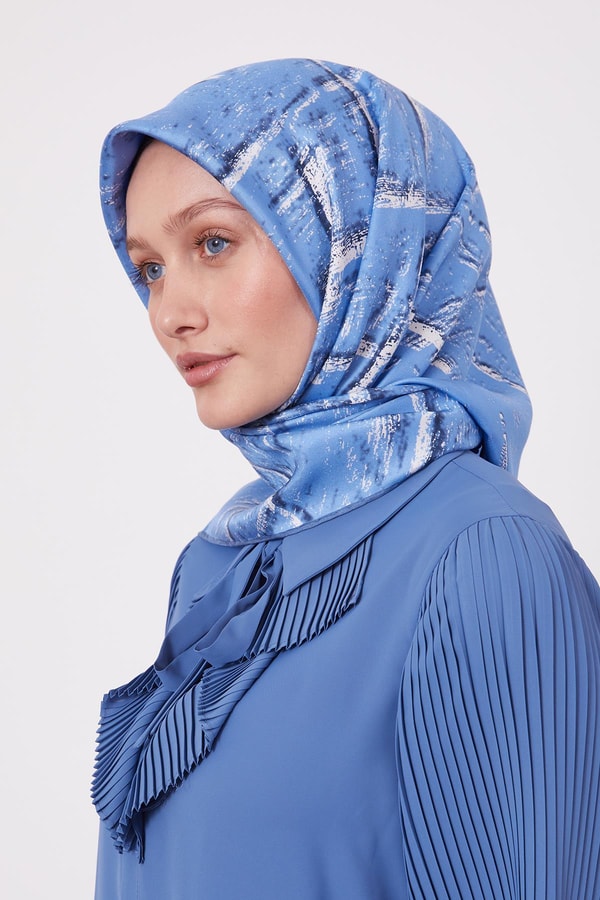 LevidorMavi Karışık Fırça Desen Twill İpek Eşarp