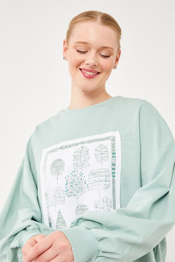 LevidorMint Yeşili Bisiklet Yaka Baskılı Sweat