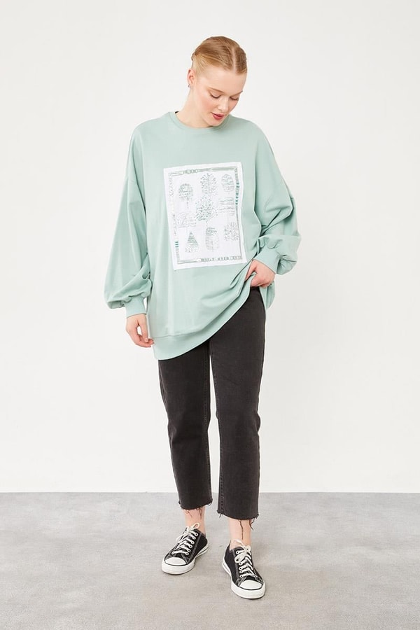 LevidorMint Yeşili Bisiklet Yaka Baskılı Sweat