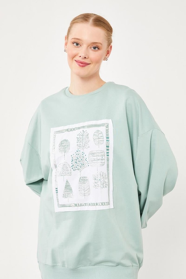 LevidorMint Yeşili Bisiklet Yaka Baskılı Sweat