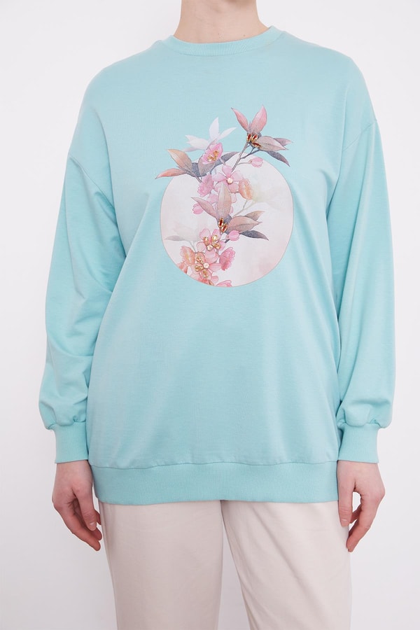 LevidorMint Yeşili Çiçek Baskılı Bisiklet Yaka Sweat