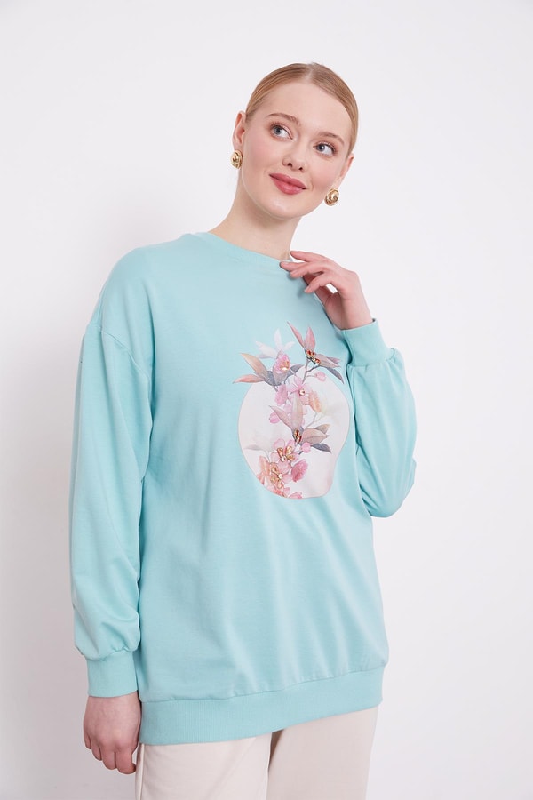 LevidorMint Yeşili Çiçek Baskılı Bisiklet Yaka Sweat