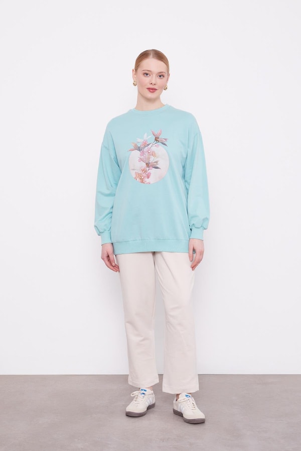 LevidorMint Yeşili Çiçek Baskılı Bisiklet Yaka Sweat