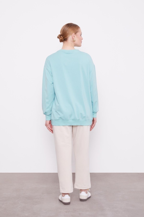 LevidorMint Yeşili Çiçek Baskılı Bisiklet Yaka Sweat