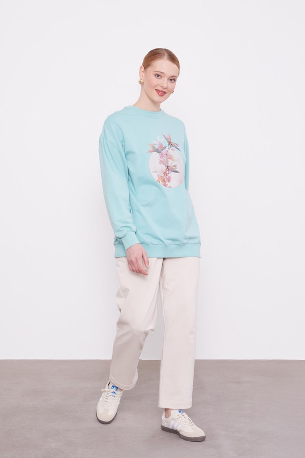 LevidorMint Yeşili Çiçek Baskılı Bisiklet Yaka Sweat