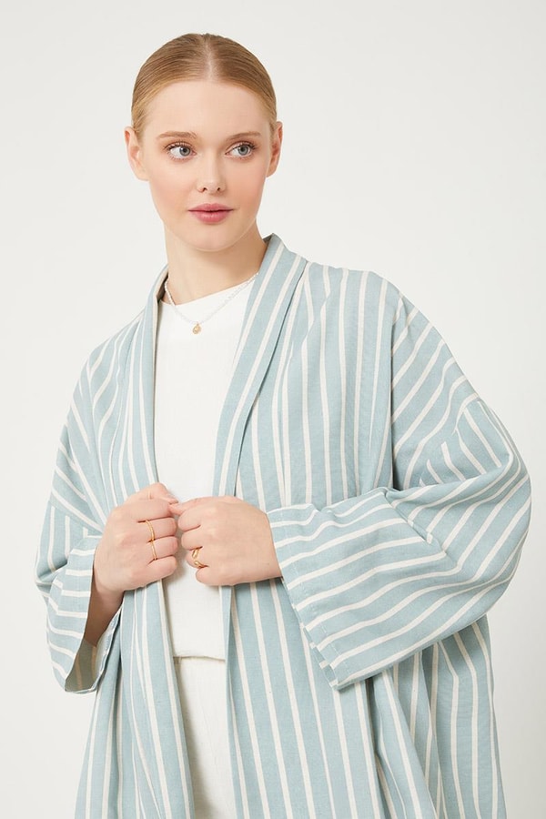 LevidorMint Yeşili Çizgili Desen Kimono Takım