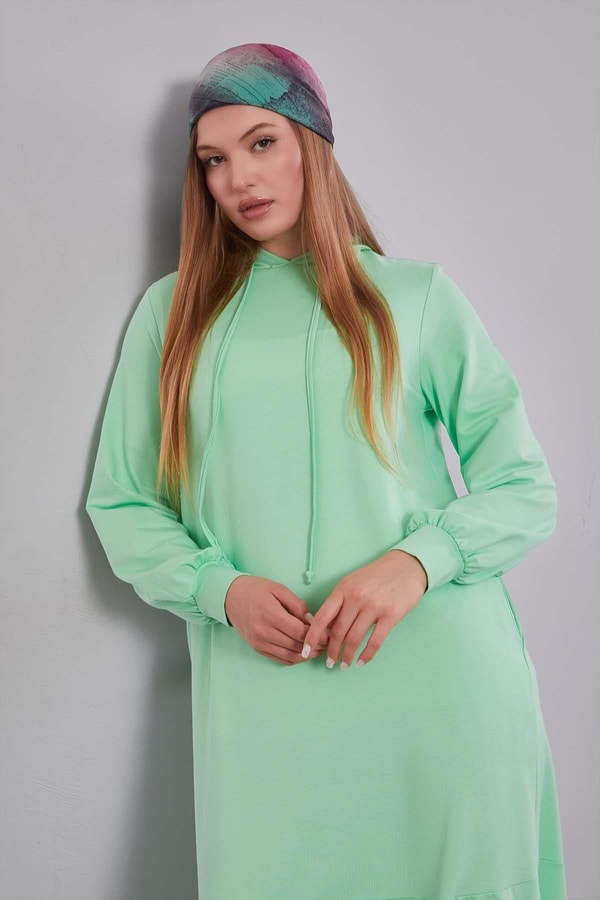 LevidorMint Yeşili Kapuşonlu Gizli Cep Detaylı Elbise