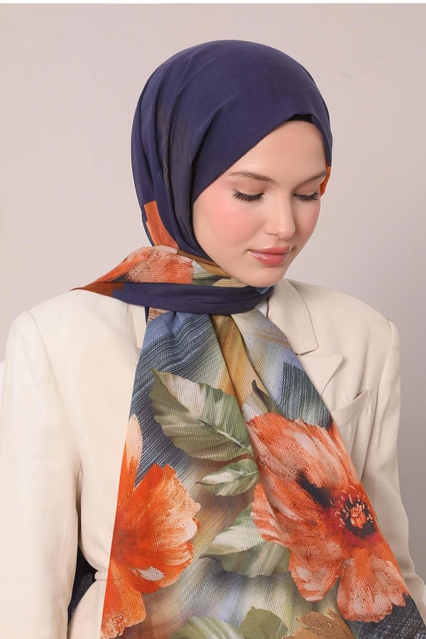 LevidorParlament Mavisi Çiçekli Çizgili  Pamuk Şal