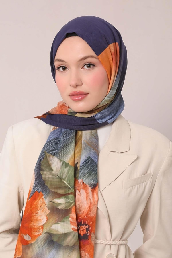 LevidorParlament Mavisi Çiçekli Çizgili  Pamuk Şal