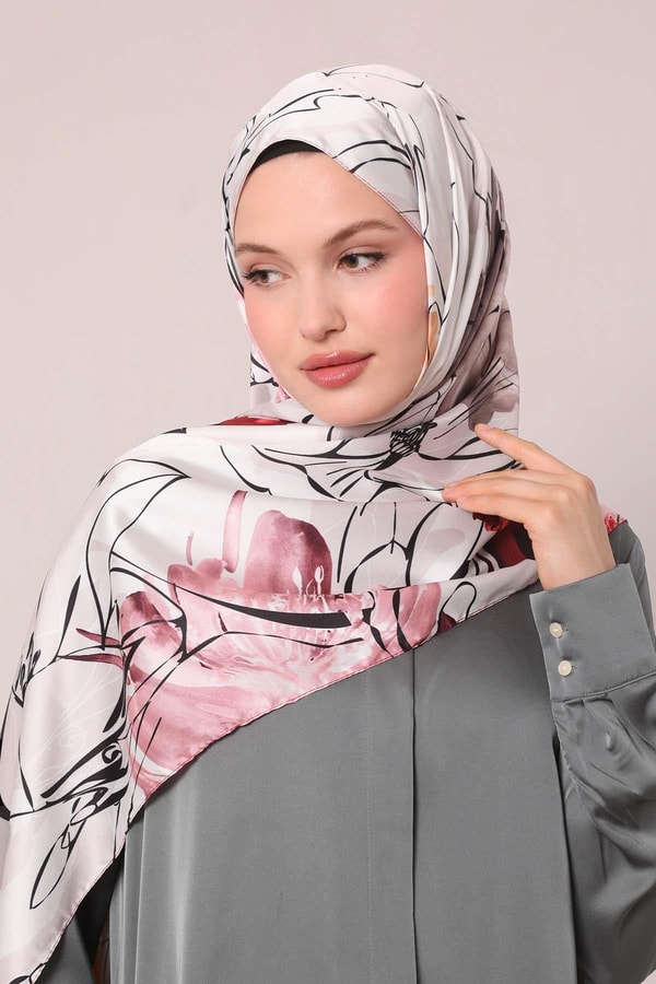 LevidorPembe Soyut Çiçek Desen Twill Şal