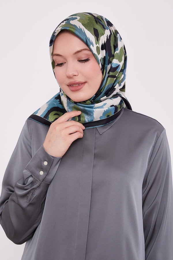 LevidorPetrol Yeşili Kamuflaj Desen Twill İpek Eşarp