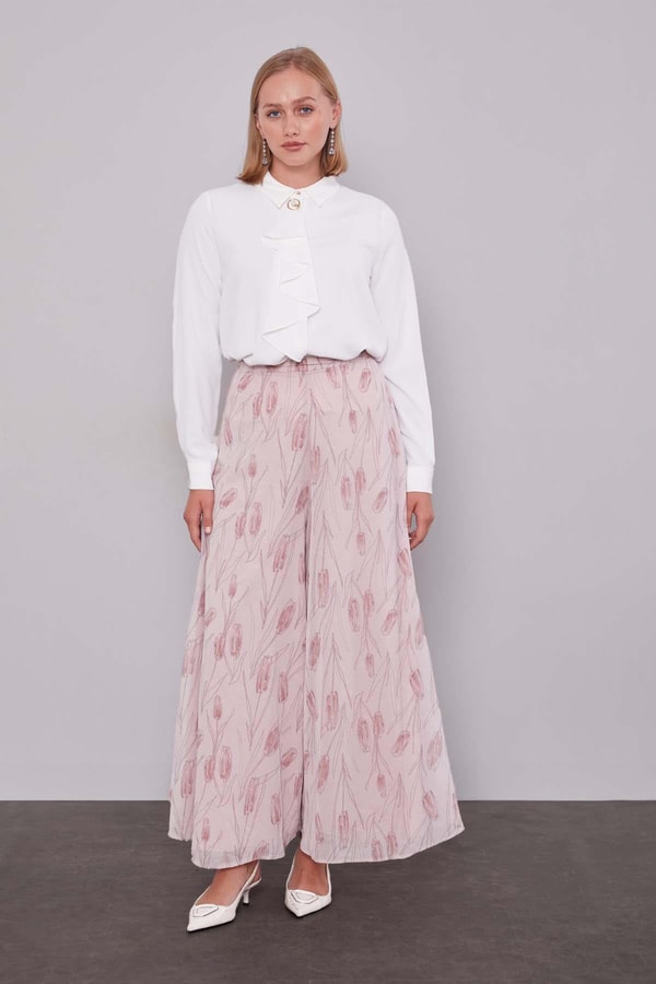 LevidorPudra Kare Desen Geniş Paça Şifon Pantolon