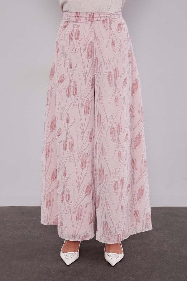 LevidorPudra Kare Desen Geniş Paça Şifon Pantolon