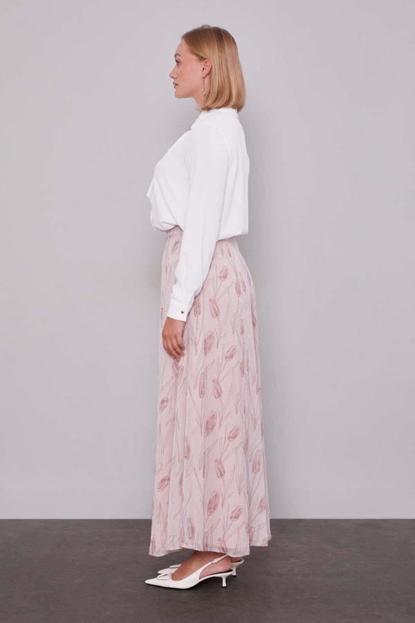 LevidorPudra Kare Desen Geniş Paça Şifon Pantolon