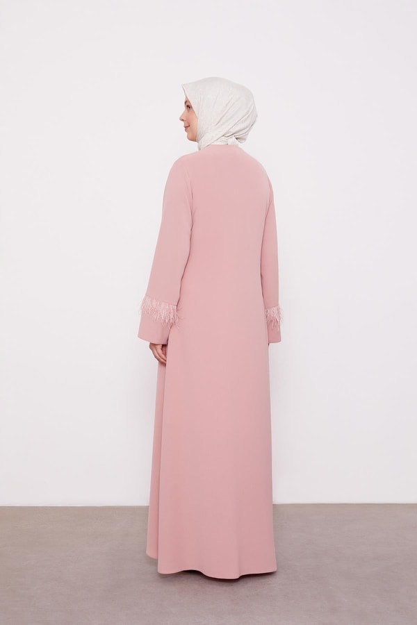 LevidorPudra Taş İşlemeli Tüy Detaylı Ferace