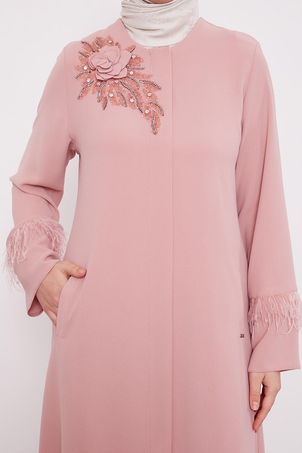 LevidorPudra Taş İşlemeli Tüy Detaylı Ferace