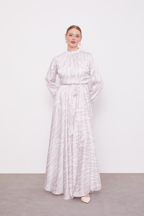 LevidorPudra Zebra Desen Kuşak Bağlamalı Elbise