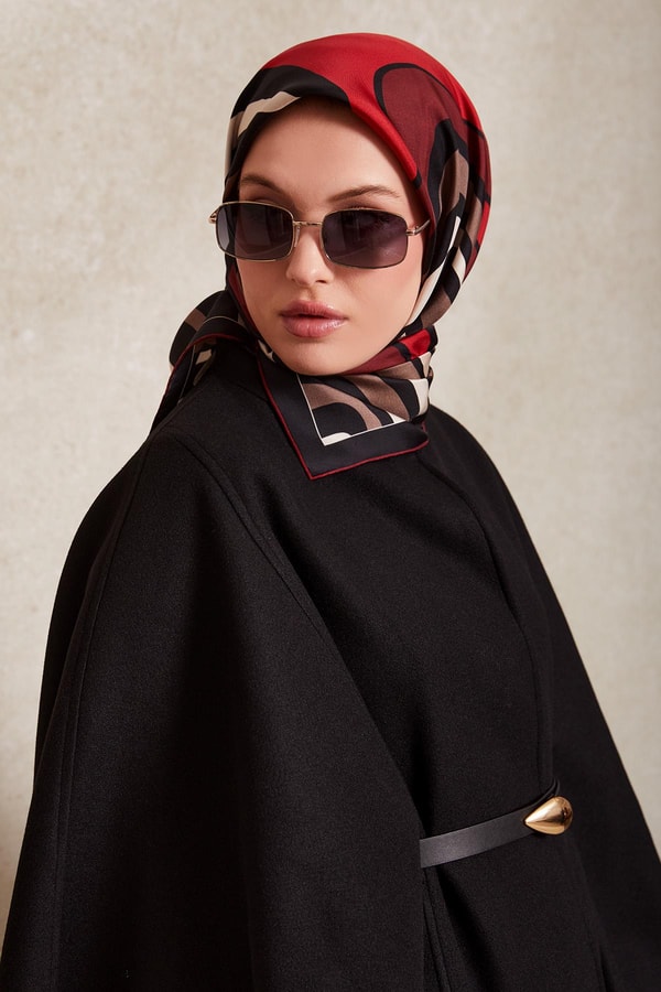 LevidorSİYAH-BORDO Kalın Çizgili Twill İpek Eşarp