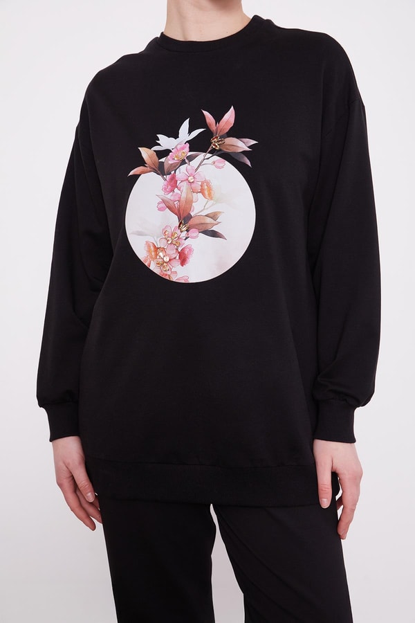 LevidorSiyah Çiçek Baskılı Bisiklet Yaka Sweat