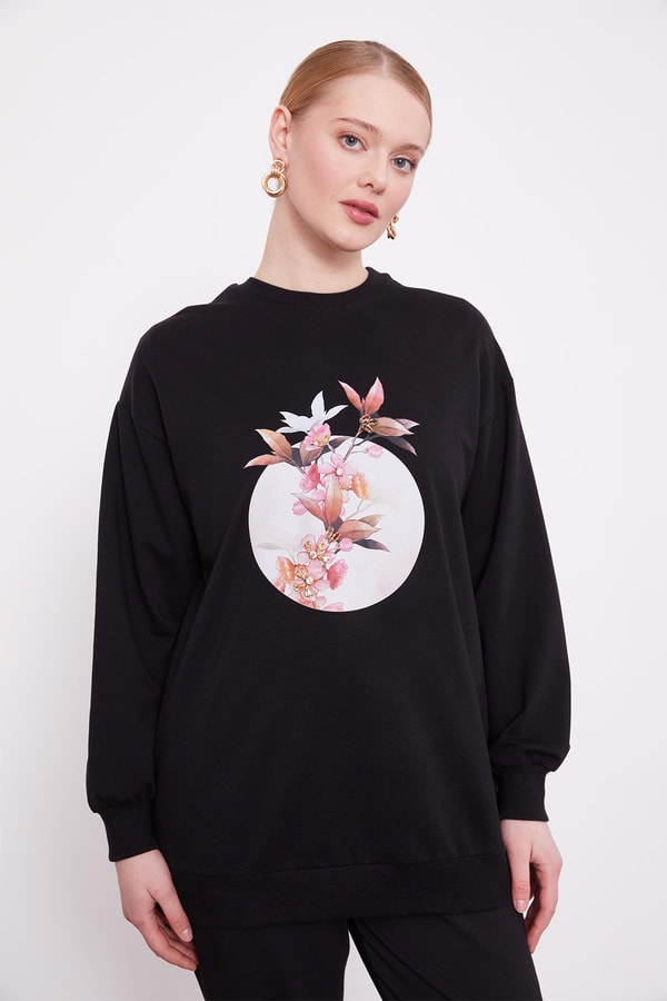 LevidorSiyah Çiçek Baskılı Bisiklet Yaka Sweat