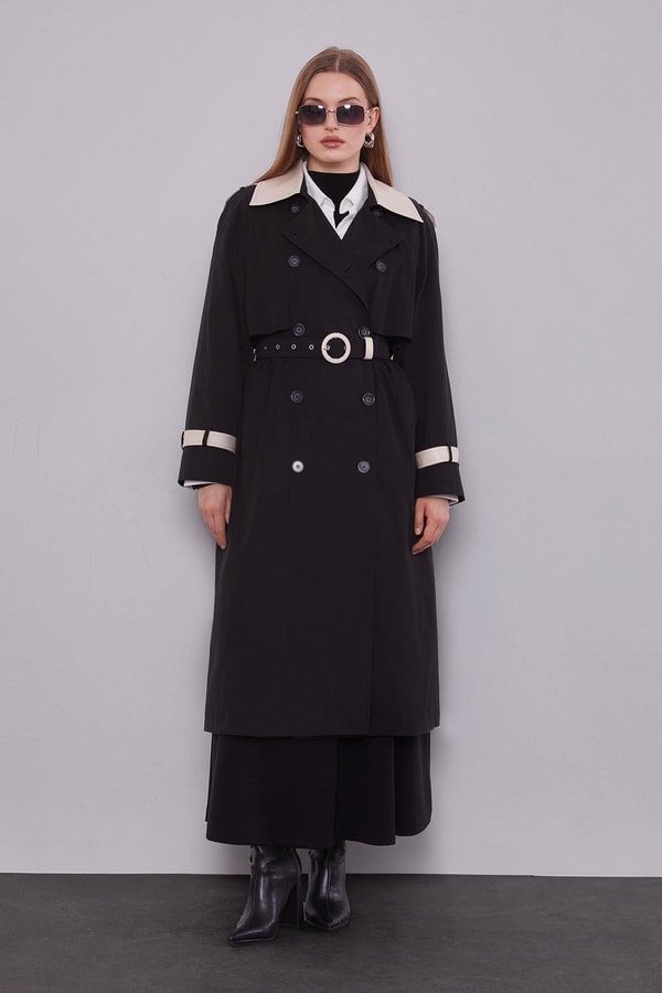 LevidorSiyah Deri Kumaş Detaylı Trençkot